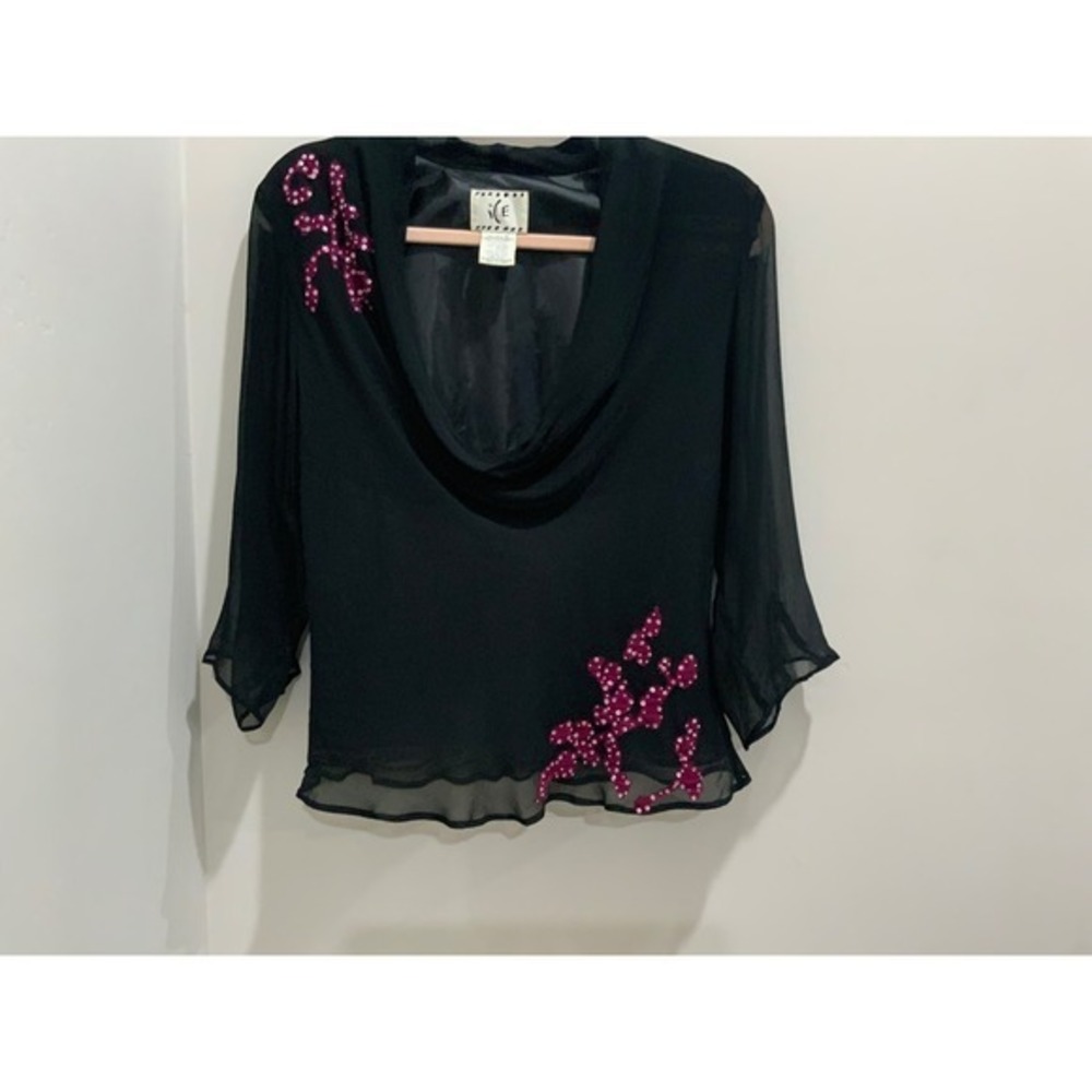 ICE Black 100% Silk Blouse Pink Sequin Beaded Cowl Neck Sheer Sleeve Top Size 12